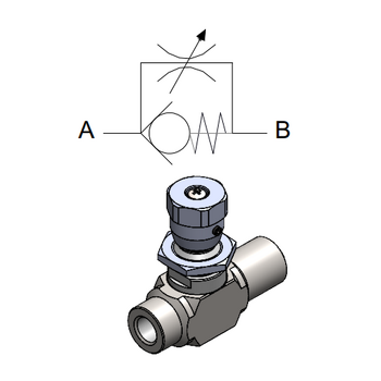 Inline Unidirectional flow regulator (90&deg;) &mdash; hydraulic valve for flow control, pressure regulation, or circuit protection in mobile and industrial hydraulic systems, supplied by Fluid Power Distributors (FPD), Hamilton New Zealand &mdash; hydraulic valve specialists for construction, agriculture, forestry, and industrial applications across New Zealand