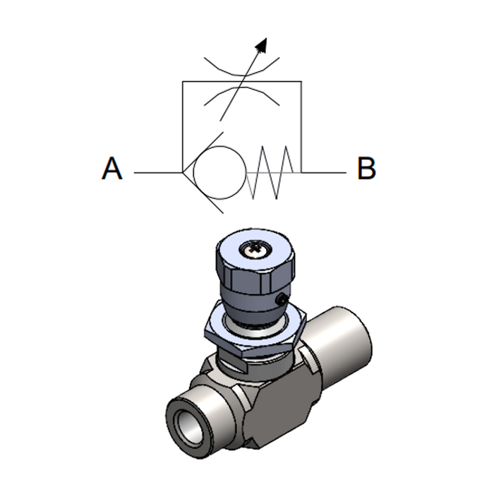 Inline Unidirectional flow regulator (90&deg;) &mdash; hydraulic valve for flow control, pressure regulation, or circuit protection in mobile and industrial hydraulic systems, supplied by Fluid Power Distributors (FPD), Hamilton New Zealand &mdash; hydraulic valve specialists for construction, agriculture, forestry, and industrial applications across New Zealand