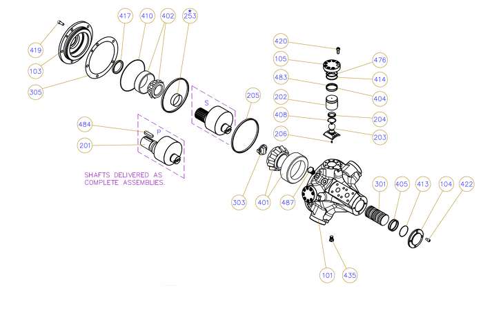 Exploded view technical diagram of Kawasaki Staffa HMB010 radial piston motor and genuine spare parts &mdash; including motorcase, cylinder head, pistons, con-rods, bearings, and seals &mdash; genuine KPM replacement parts supplied by Fluid Power Distributors (FPD), New Zealand's exclusive Kawasaki Precision Machinery distributor and authorised service centre, Hamilton New Zealand