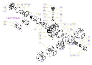 Exploded view technical diagram of Kawasaki Staffa HMB030/045 radial piston motor and genuine spare parts &mdash; including motorcase, cylinder head, pistons, con-rods, bearings, and seals &mdash; genuine KPM replacement parts supplied by Fluid Power Distributors (FPD), New Zealand's exclusive Kawasaki Precision Machinery distributor and authorised service centre, Hamilton New Zealand