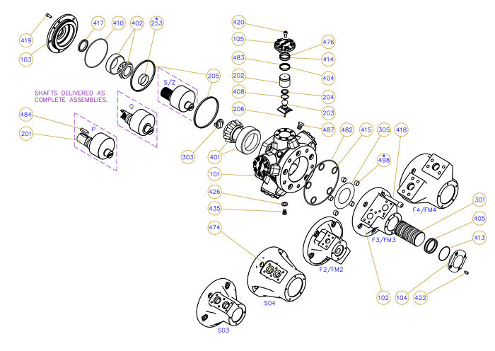 Exploded view technical diagram of Kawasaki Staffa HMB030/045 radial piston motor and genuine spare parts &mdash; including motorcase, cylinder head, pistons, con-rods, bearings, and seals &mdash; genuine KPM replacement parts supplied by Fluid Power Distributors (FPD), New Zealand's exclusive Kawasaki Precision Machinery distributor and authorised service centre, Hamilton New Zealand