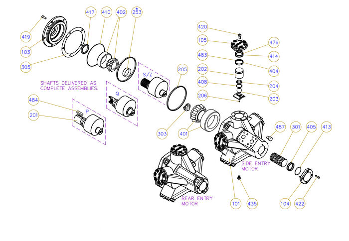 Exploded view technical diagram of Kawasaki Staffa HMB030 radial piston motor and genuine spare parts &mdash; including motorcase, cylinder head, pistons, con-rods, bearings, and seals &mdash; genuine KPM replacement parts supplied by Fluid Power Distributors (FPD), New Zealand's exclusive Kawasaki Precision Machinery distributor and authorised service centre, Hamilton New Zealand