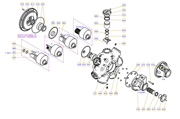 Exploded view technical diagram of Kawasaki Staffa HMB270 radial piston motor and genuine spare parts &mdash; including motorcase, cylinder head, pistons, con-rods, bearings, and seals &mdash; genuine KPM replacement parts supplied by Fluid Power Distributors (FPD), New Zealand's exclusive Kawasaki Precision Machinery distributor and authorised service centre, Hamilton New Zealand