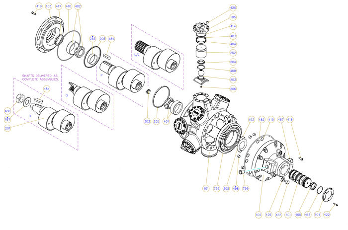 Exploded view technical diagram of Kawasaki Staffa HMHDB400 radial piston motor and genuine spare parts &mdash; including motorcase, cylinder head, pistons, con-rods, bearings, and seals &mdash; genuine KPM replacement parts supplied by Fluid Power Distributors (FPD), New Zealand's exclusive Kawasaki Precision Machinery distributor and authorised service centre, Hamilton New Zealand