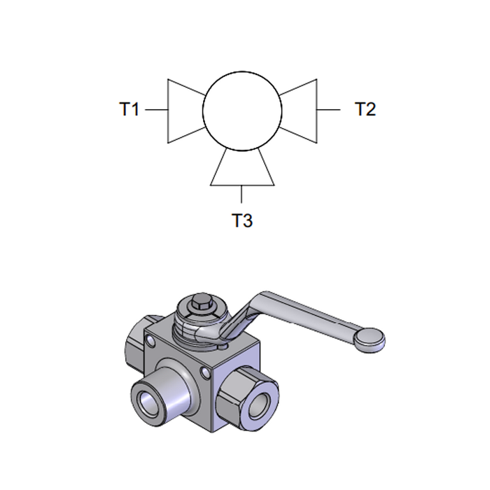 3-Way BSPP Ball Valve &mdash; hydraulic valve for flow control, pressure regulation, or circuit protection in mobile and industrial hydraulic systems, supplied by Fluid Power Distributors (FPD), Hamilton New Zealand &mdash; hydraulic valve specialists for construction, agriculture, forestry, and industrial applications across New Zealand
