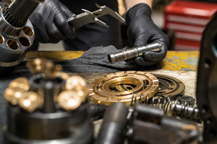 FPD Technician validating a hydraulic pump shaft dimensions with a micrometer.