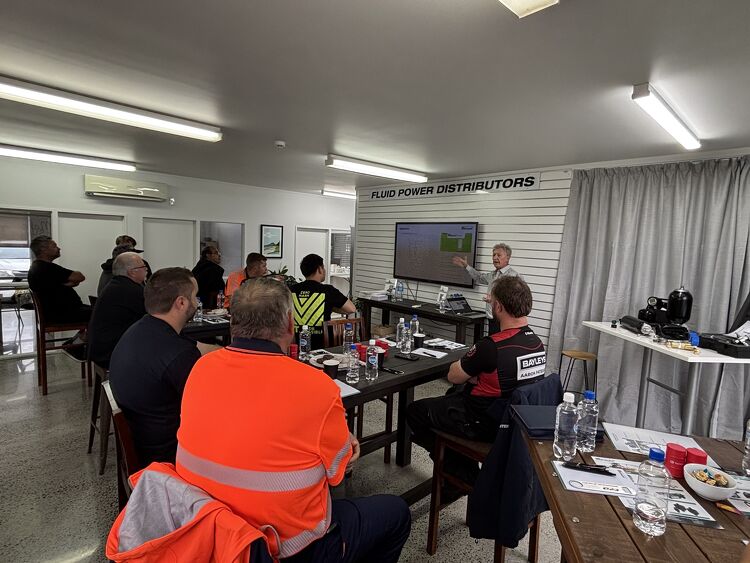 Stauff Training Session Stauff training session being delivered at Fluid Power Distributors (FPD), Hamilton New Zealand — field service technicians, mechanics, and trade professionals attending in-house technical training on hydraulic pumps, motors, and fluid power systems, delivered by FPD's experienced team at 205 Ellis Street Frankton Hamilton