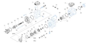 Exploded view technical diagram of Kawasaki K5V80DT axial piston hydraulic main pump and spare parts &mdash; including pistons, valve plate, swashplate, barrel, bearings, seals, and regulator components &mdash; genuine KPM replacement parts stocked and supplied by Fluid Power Distributors (FPD), New Zealand's exclusive Kawasaki Precision Machinery distributor and authorised service centre, Hamilton New Zealand
