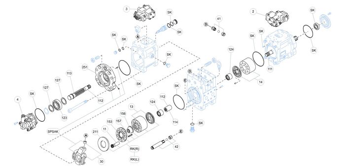 Exploded view technical diagram of Kawasaki K3V112DT axial piston hydraulic main pump and spare parts &mdash; including pistons, valve plate, swashplate, barrel, bearings, seals, and regulator components &mdash; genuine KPM replacement parts stocked and supplied by Fluid Power Distributors (FPD), New Zealand's exclusive Kawasaki Precision Machinery distributor and authorised service centre, Hamilton New Zealand