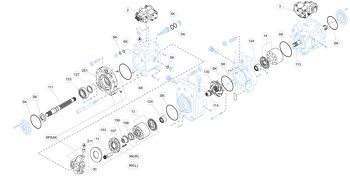 Exploded view technical diagram of Kawasaki K5V200DTH axial piston hydraulic main pump and spare parts &mdash; including pistons, valve plate, swashplate, barrel, bearings, seals, and regulator components &mdash; genuine KPM replacement parts stocked and supplied by Fluid Power Distributors (FPD), New Zealand's exclusive Kawasaki Precision Machinery distributor and authorised service centre, Hamilton New Zealand