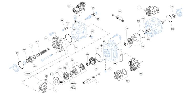 Exploded view technical diagram of Kawasaki K3V112DTP axial piston hydraulic main pump and spare parts &mdash; including pistons, valve plate, swashplate, barrel, bearings, seals, and regulator components &mdash; genuine KPM replacement parts stocked and supplied by Fluid Power Distributors (FPD), New Zealand's exclusive Kawasaki Precision Machinery distributor and authorised service centre, Hamilton New Zealand