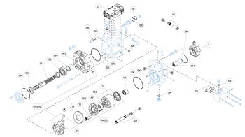Exploded view technical diagram of Kawasaki K5V140S axial piston hydraulic main pump and spare parts — including pistons, valve plate, swashplate, barrel, bearings, seals, and regulator components — genuine KPM replacement parts stocked and supplied by Fluid Power Distributors (FPD), New Zealand's exclusive Kawasaki Precision Machinery distributor and authorised service centre, Hamilton New Zealand