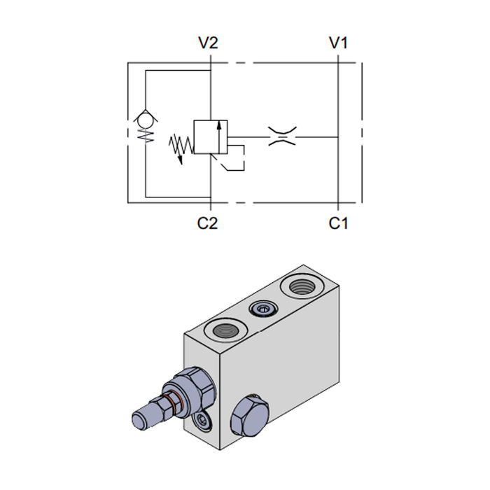 Single Effect Overcenter Valve, Banjo Bolt Flangeable &mdash; hydraulic valve for flow control, pressure regulation, or circuit protection in mobile and industrial hydraulic systems, supplied by Fluid Power Distributors (FPD), Hamilton New Zealand &mdash; hydraulic valve specialists for construction, agriculture, forestry, and industrial applications across New Zealand