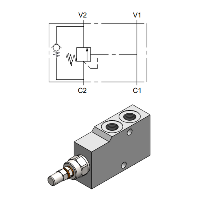 Single Effect Overcenter Valve, Choked Pilotage &mdash; hydraulic valve for flow control, pressure regulation, or circuit protection in mobile and industrial hydraulic systems, supplied by Fluid Power Distributors (FPD), Hamilton New Zealand &mdash; hydraulic valve specialists for construction, agriculture, forestry, and industrial applications across New Zealand