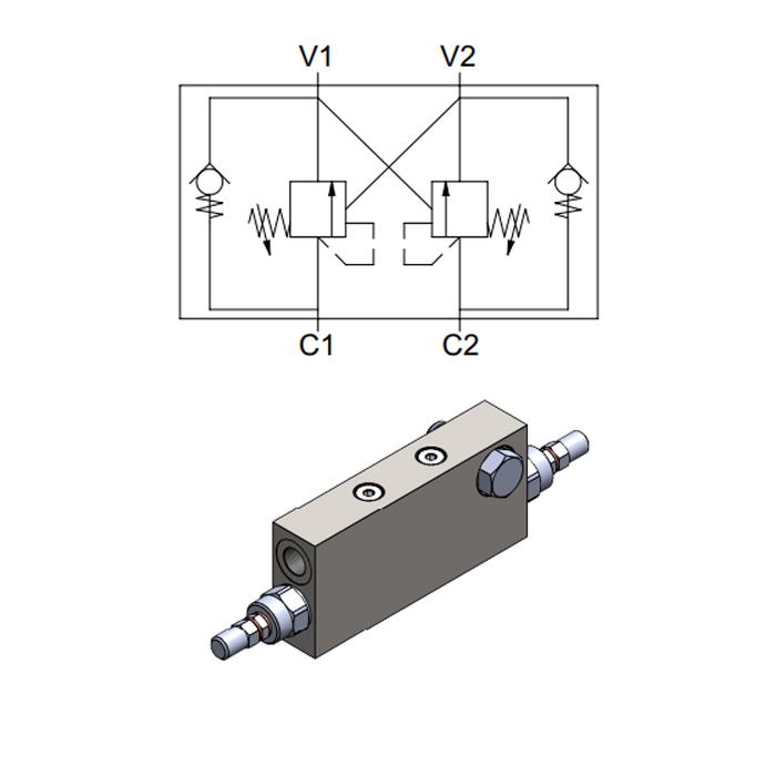 Double Effect Overcenter Valve, Banjo Bolt Flangeable &mdash; hydraulic valve for flow control, pressure regulation, or circuit protection in mobile and industrial hydraulic systems, supplied by Fluid Power Distributors (FPD), Hamilton New Zealand &mdash; hydraulic valve specialists for construction, agriculture, forestry, and industrial applications across New Zealand