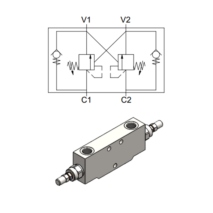 Double Effect Overcenter Valve, Compact Series &mdash; hydraulic valve for flow control, pressure regulation, or circuit protection in mobile and industrial hydraulic systems, supplied by Fluid Power Distributors (FPD), Hamilton New Zealand &mdash; hydraulic valve specialists for construction, agriculture, forestry, and industrial applications across New Zealand