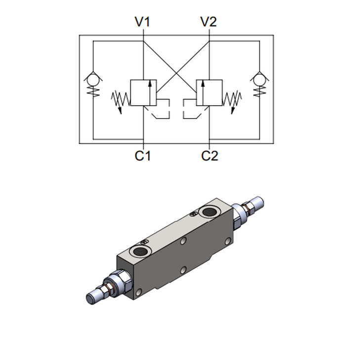 Double Effect Overcenter Valve, Super Compact Series &mdash; hydraulic valve for flow control, pressure regulation, or circuit protection in mobile and industrial hydraulic systems, supplied by Fluid Power Distributors (FPD), Hamilton New Zealand &mdash; hydraulic valve specialists for construction, agriculture, forestry, and industrial applications across New Zealand