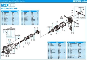 Exploded schematic diagram of Kawasaki M2X146B hydraulic motor parts