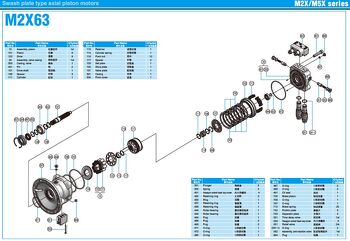 Exploded schematic drawing of Kawasaki M2X63B hydraulic motor parts