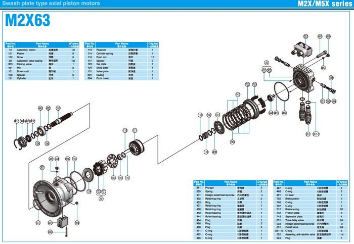 Exploded schematic drawing of Kawasaki M2X63B hydraulic motor parts