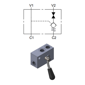 Single Pilot Operated Check Valve with Right Manual Shut-Off &mdash; hydraulic valve for flow control, pressure regulation, or circuit protection in mobile and industrial hydraulic systems, supplied by Fluid Power Distributors (FPD), Hamilton New Zealand &mdash; hydraulic valve specialists for construction, agriculture, forestry, and industrial applications across New Zealand