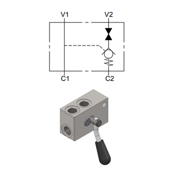 Single Pilot Operated Check Valve with Left Manual Shut-Off &mdash; hydraulic valve for flow control, pressure regulation, or circuit protection in mobile and industrial hydraulic systems, supplied by Fluid Power Distributors (FPD), Hamilton New Zealand &mdash; hydraulic valve specialists for construction, agriculture, forestry, and industrial applications across New Zealand