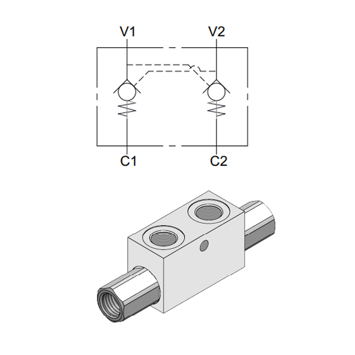 Dual Pilot Operated Check Valve — hydraulic valve for flow control, pressure regulation, or circuit protection in mobile and industrial hydraulic systems, supplied by Fluid Power Distributors (FPD), Hamilton New Zealand — hydraulic valve specialists for construction, agriculture, forestry, and industrial applications across New Zealand