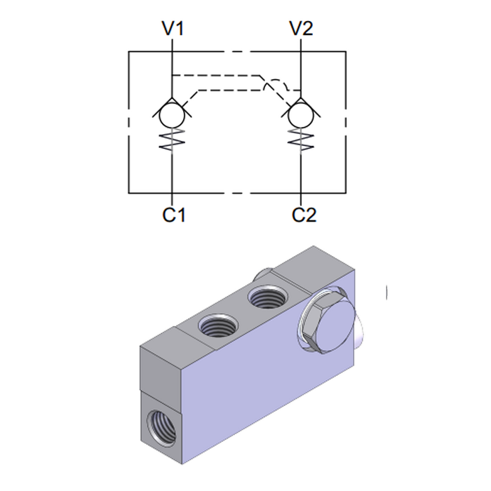 Dual Pilot Operated Check Valve, Cylinder Stud Fit-In &mdash; hydraulic valve for flow control, pressure regulation, or circuit protection in mobile and industrial hydraulic systems, supplied by Fluid Power Distributors (FPD), Hamilton New Zealand &mdash; hydraulic valve specialists for construction, agriculture, forestry, and industrial applications across New Zealand
