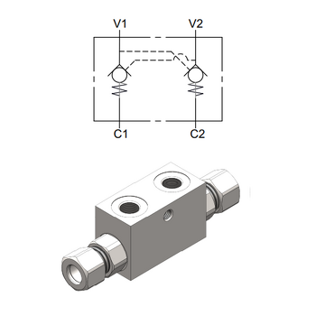 Dual Pilot Operated Check Valve (DIN Port Pilot) &mdash; hydraulic valve for flow control, pressure regulation, or circuit protection in mobile and industrial hydraulic systems, supplied by Fluid Power Distributors (FPD), Hamilton New Zealand &mdash; hydraulic valve specialists for construction, agriculture, forestry, and industrial applications across New Zealand