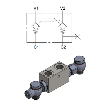 Dual Pilot Operated Check Valve with Adjustable Banjo Union &mdash; hydraulic valve for flow control, pressure regulation, or circuit protection in mobile and industrial hydraulic systems, supplied by Fluid Power Distributors (FPD), Hamilton New Zealand &mdash; hydraulic valve specialists for construction, agriculture, forestry, and industrial applications across New Zealand