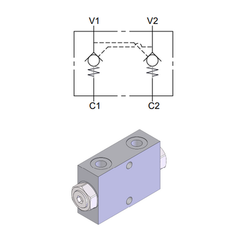 Inline Dual Pilot Operated Check Valve &mdash; hydraulic valve for flow control, pressure regulation, or circuit protection in mobile and industrial hydraulic systems, supplied by Fluid Power Distributors (FPD), Hamilton New Zealand &mdash; hydraulic valve specialists for construction, agriculture, forestry, and industrial applications across New Zealand