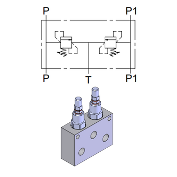 Double Direct Acting Relief Valve with Manifold &mdash; hydraulic valve for flow control, pressure regulation, or circuit protection in mobile and industrial hydraulic systems, supplied by Fluid Power Distributors (FPD), Hamilton New Zealand &mdash; hydraulic valve specialists for construction, agriculture, forestry, and industrial applications across New Zealand