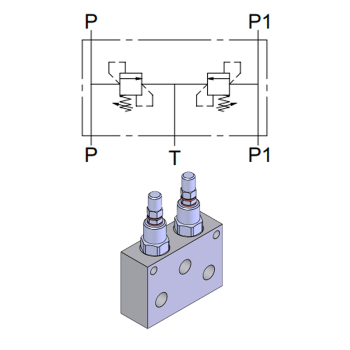 Double Direct Acting Relief Valve with Manifold — hydraulic valve for flow control, pressure regulation, or circuit protection in mobile and industrial hydraulic systems, supplied by Fluid Power Distributors (FPD), Hamilton New Zealand — hydraulic valve specialists for construction, agriculture, forestry, and industrial applications across New Zealand