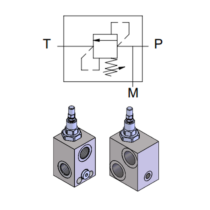 Differential Relief Valve in Manifold with Manometer Port — hydraulic valve for flow control, pressure regulation, or circuit protection in mobile and industrial hydraulic systems, supplied by Fluid Power Distributors (FPD), Hamilton New Zealand — hydraulic valve specialists for construction, agriculture, forestry, and industrial applications across New Zealand